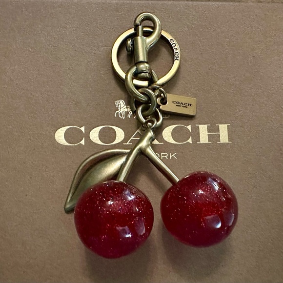 Coach Red Resin Glitter Cherries Gold Brass Keychain Fob Bag Charm - Picture 2 of 7